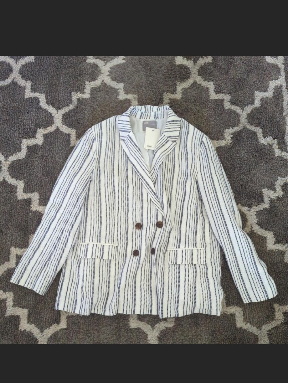 Striped Double-Breasted Blazer in White & Navy